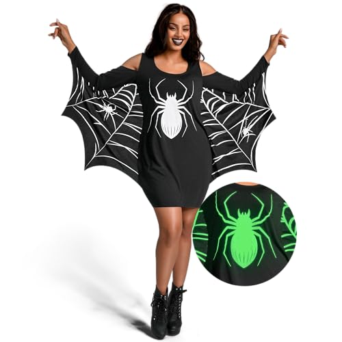 Spooktacular Creations Damen Glow in The Dark Halloween Fledermausfügel Kostüm Kleid, Schwarze Spinne Casual Langarm Kleid, Schwarz, XX-Large von Spooktacular Creations