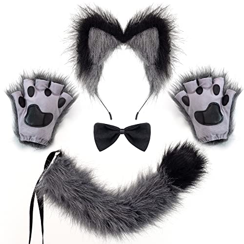 Spooktacular Creations Grauer Wolf Fuchs Zubehör Set für Erwachsene mit Schwanz, Krawatte, Ohren und Handschuhen, Halloween Fancy Party Kostüm für Frauen von Spooktacular Creations