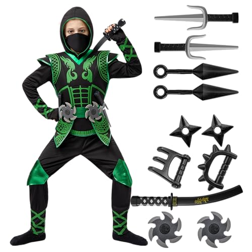 Spooktacular Creations Grünes Deluxe Ninja Kostüm set mit Ninja Schaumstoff Zubehör, Spielzeug für Kinder, Kung Fu Outfit, Halloween Ideen von Spooktacular Creations