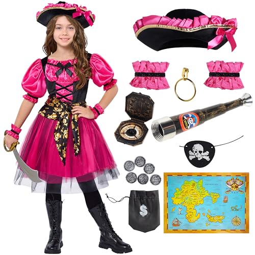 Spooktacular Creations Halloween-Kostüm für Mädchen, Kinder-Piratenkostüm, magentafarbenes Piratenkleid für Mädchen, Halloween-Party, Piratenprinzessin, Rollenspiel (Mittel (8–10 Jahre)) von Spooktacular Creations