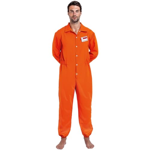 Spooktacular Creations Herren Gefangener Kostüm, Insasse Jailbird Sträfling Orange Overall mit Namensschild (Large, Orange) von Spooktacular Creations