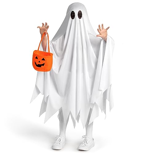 Spooktacular Creations Kinder Geisterkostüm, Halloween Ghost-Kostüm, weißes stiles Geisterkostüm mit Kürbisbeutel für Jungen, Mädchen Halloween Dress Up, Rollenspiele-S von Spooktacular Creations