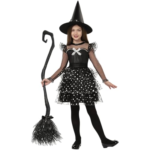 Spooktacular Creations Kinder Hexenkostüm: schwarzes glitzerndes Hexenkleid mit Besenhut Strumpfhose, Ideal für Mädchen, Halloween, Party, Rollenspiele von Spooktacular Creations