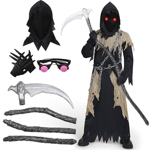 Spooktacular Creations Kinder Sensenmann Kostüm, Glühende Augen Sensenmann Kostüm für Jungen, Gruseliges Phantom Schwarzer Sensenmann Halloween Dress Up-M Spooktacular Creations Kinder Sensenmann Kostüm, Glühende Augen Sensenmann Kostüm für Jungen, Gruseliges Phantom Schwarzer Sensenmann Halloween Dress Up-M von Spooktacular Creations