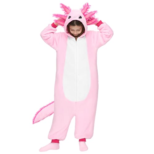 Spooktacular Creations Kinder-Unisex-Pyjama, rosa Axolotl-Kapuzen-Overall-Kostüm, Kapuzen-Nachtwäsche mit Reißverschluss für Halloween-Cosplay-Kostüm, L von Spooktacular Creations