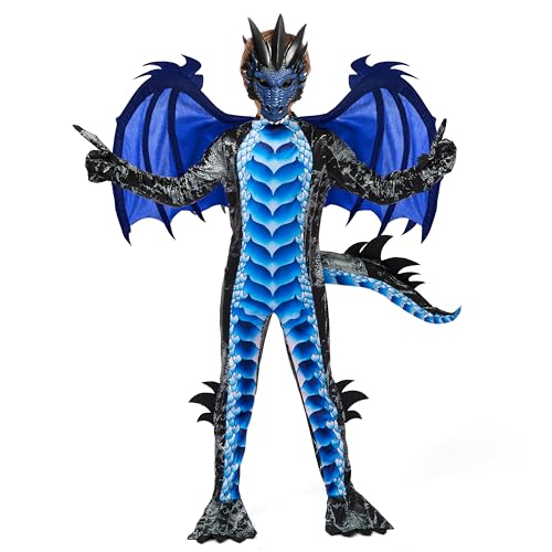 Spooktacular Creations Kinderjungen Schwarz und Blau Drachenkostüm, Drachenflügel und Maske für Halloween-Partys, Cosplay-XL (12-14 Jahre) von Spooktacular Creations