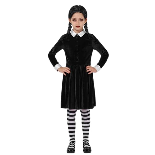 Spooktacular Creations Kleid mit Schwarzem Kragen, Langärmliges Schulmädchenkostüm, Skaterkleid aus Samt für die Halloween-Party von Kindern von Spooktacular Creations