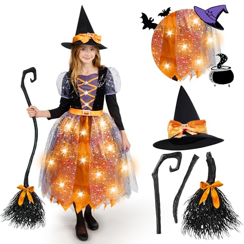 Spooktacular Creations LED Leuchtende Hexe Kostüm für Mädchen, Orange und Lila Hexe Kostüm mit Hut, Süße Hexe Kostüm Fantastische Designs von Spooktacular Creations