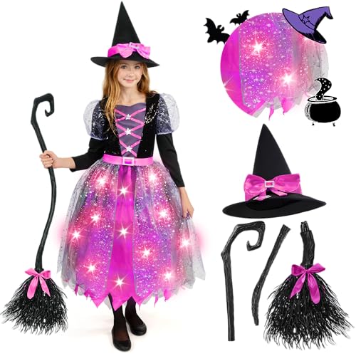 Spooktacular Creations LED-beleuchtetes Hexenkostüm für Mädchen, rosa Hexenkostüm mit Hut und Besen, süßes Hexenkostüm mit fantastischen Designs von Spooktacular Creations