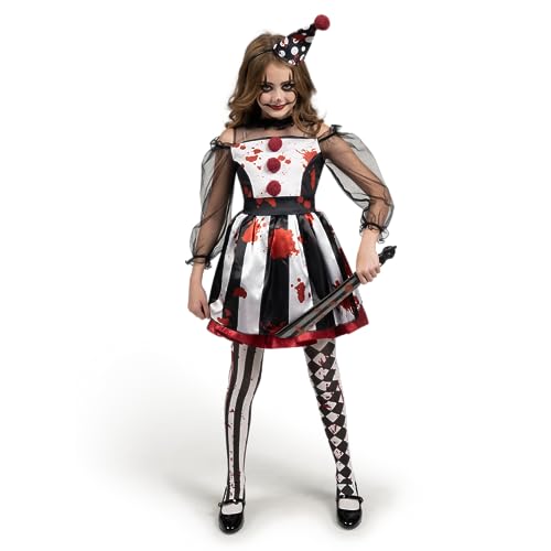 Spooktacular Creations Mädchen Clown-Kostüm, Gruseliges Clown-Kostüm, Schwarz-weißes, blutiges Narrenkleid für Mädchen an Halloween, Rollenspiel, Cosplay-Party-L von Spooktacular Creations