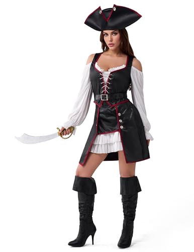 Spooktacular Creations Piratenkostüm für Damen, Halloween, Erwachsene, Perlen, Piratenkleid mit Hut für Halloween-Kostüm, Party, Größe S, Schwarz, Small Spooktacular Creations Piratenkostüm für Damen, Halloween, Erwachsene, Perlen, Piratenkleid mit Hut für Halloween-Kostüm, Party, Größe S, Schwarz, Small von Spooktacular Creations