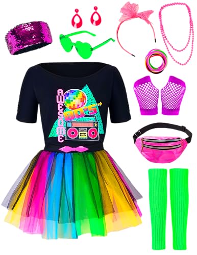 Spooktacular Creations Regenbogen 80er Jahre Kostümset mit T-Shirt, Tutu, Stirnband und anderen, Halloween-Cosplay-Zubehör von Spooktacular Creations