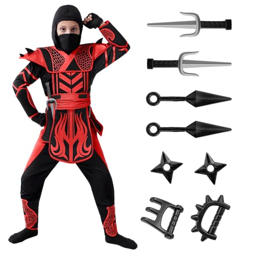 Spooktacular Creations Rot Schwarz Halloween Krieger Ninja Kostüm für Jungen und Mädchen, Halloween Verkleidungsparty, Ninja Rollenspiel, Themenpartys für Weihnachten, Karneval(Large (10-12 yrs)) von Spooktacular Creations