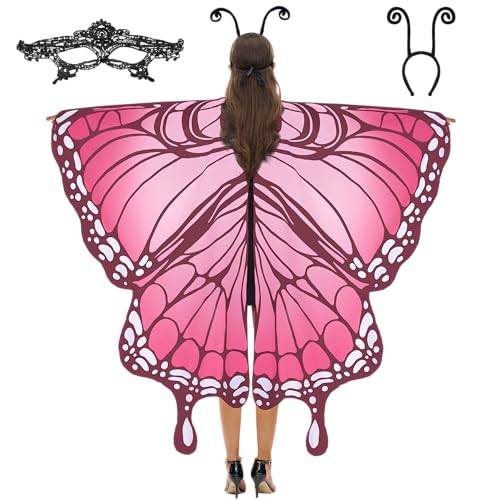 Spooktacular Creations Schmetterlingsflügel-Umhangschal mit Spitzenmaske und schwarzem Antennenstirnband aus Samt für Halloween-Kostüme für Erwachsene, Damen – Pink von Spooktacular Creations