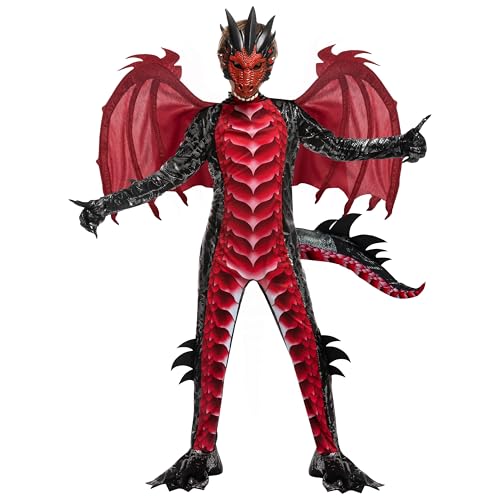 Spooktacular Creations Kind Jungen Drachenkostüm（Schwarz und Rot）, Drachenflügel und Maske, Halloweenanzug Drachenanzug für Jungen für Halloween-Partys, Cosplay-L von Spooktacular Creations