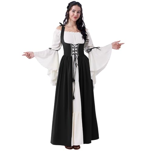 Spooktacular Creations Schwarzes Renaissance-Kostüm für Damen, mittelalterliches Chemise, Ren-Faire-Kleid, irisches Überkleid, Renaissance-Korsett mit Trompetenärmeln für Cosplay, Hochzeit-L von Spooktacular Creations