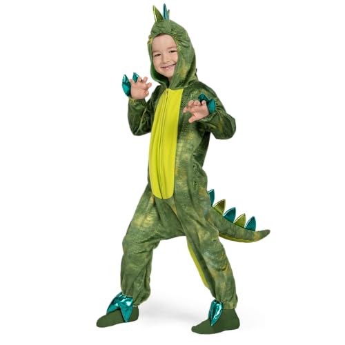 Spooktacular Creations Unisex-Schlafanzug mit leuchtendem Dinosaurier für Kinder, grüner T-Rex-Overall mit Kapuze und Reißverschluss, Halloween-Kostüm, M (8–10 Jahre) von Spooktacular Creations