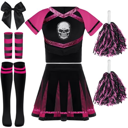Spooktacular Creations Zombie-Halloween-Cheerleader-Kostüm, schwarzes, rosiges, gruseliges Cheerleader-Kostüm, Cheerleader-Kostüm für Mädchen, Halloween-Party, Rollenspiel, M von Spooktacular Creations