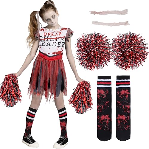 Spooktacular Creations Zombie-Halloween-Cheerleader-Kostüm, totes Cheerleader-Kostüm für Mädchen, Cheerleader-Outfit für Halloween-Party-Rollenspiele-L von Spooktacular Creations