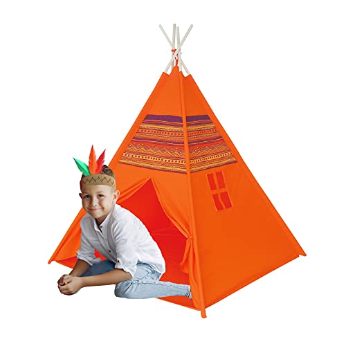 Happy Sun Indianer Deluxe Zelt für Kinder, Spielzelt für Kinder, Maße 120 x 120 x 150 cm, faltbares Zelt mit Holzstangen, kleines Packmaß, Kinder, Orange, einzigartig von Sport One