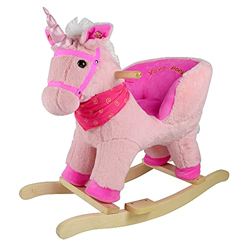 Sport1 Schaukeltier Einhorn mit Sound Schaukelpferd für Kinder + 10 Monate aus Plüsch und Holz Soundeffekte Kinder 68x33x50cm Komfortsitz mit integrierter Rückenlehne Rosa Geschenkidee von Sport One