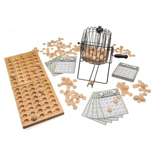 Sport-Thieme Bingo-Spiel mit Bingotrommel | Bingo-Set: Metaltrommel mit Handkurbel, 75 Bingo-Kugeln, 150 Bingo-Chips, 24 Bingo-Karten u. Spielbrett aus Holz | Hochwertig und Robust von Sport-Thieme