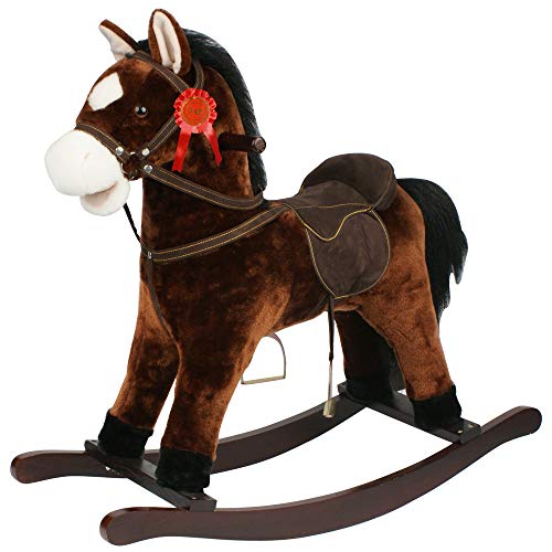 Sport1 sport1-cavallo Pferd Schaukelpferd Rodeo aus Holz und weichem Stoff mit Soundeffekten, Dunkelbraun, 74x30x67 Centimeter von Sport1