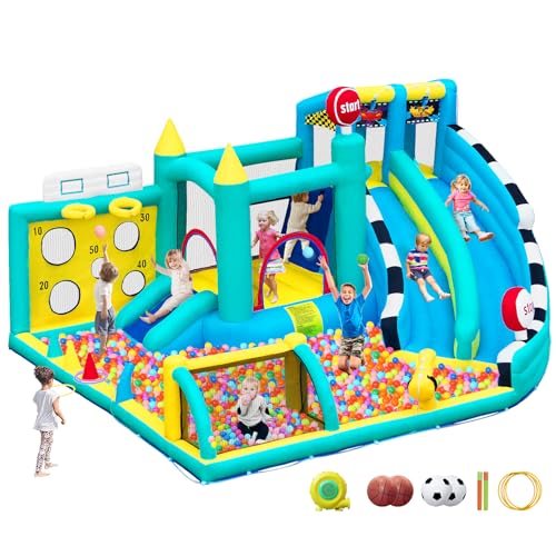 SportBob Hüpfburg Kinder für Outdoor Indoor Garten, Aufblasbare Bounce House Hüpfburg XXL mit Gebläse, Trocken-/Wasserrutsche, Springen, Planschbecken, Kletterwand, Wasserspray, 470×400×220cm von SportBob