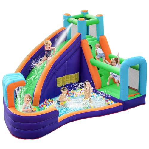 SportBob Hüpfburg Kinder für Outdoor Indoor Garten, Aufblasbare Bounce House Hüpfburg XXL mit Gebläse, Trocken-/Wasserrutsche, Springen, Planschbecken, Kletterwand, Wasserspray von SportBob