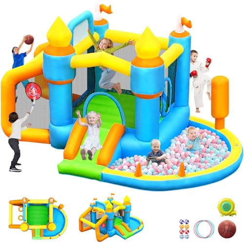 SportBob Hüpfburg mit Gebläse, Hüpfburgen für Kinder Outdoor Indoor mit Rutsche, Bällebad, Springen, Fußballplatz und Basketballkorb, Geeignet für 3-8 Jährige Kinder, 385×258×220 cm von SportBob