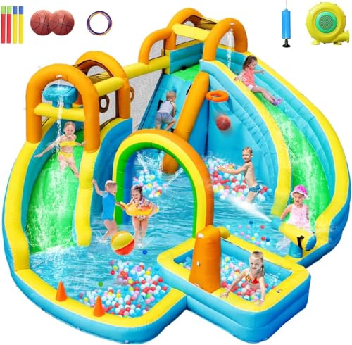SportBob Hüpfburg mit Gebläse und Wasserrutsche, Hüpfburg Kinder für Indoor & Outdoor, Groß Wasser hüpfburgen wasserpark Kinder Outdoor mit Doppelrutsche, Regenbogentor, Wasserkanonen SportBob Hüpfburg mit Gebläse und Wasserrutsche, Hüpfburg Kinder für Indoor & Outdoor, Groß Wasser hüpfburgen wasserpark Kinder Outdoor mit Doppelrutsche, Regenbogentor, Wasserkanonen von SportBob