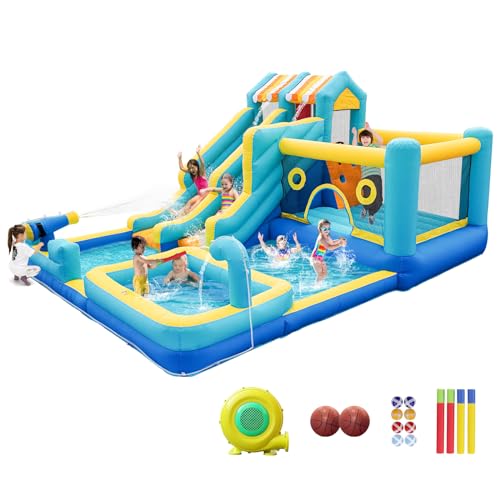 SportBob Hüpfburg mit Wasserrutsche, 10 in 1 Aufblasbare Hüpfburg XXL mit Gebläse, Kletterwand, Springen, Wasserpistole, Splash Pool Basketballkorb für Kinder Outdoor Indoor, 465x380x230 cm von SportBob