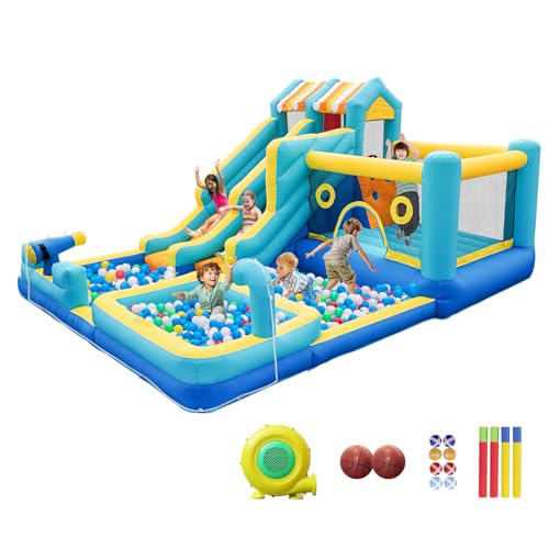 SportBob Hüpfburg mit Wasserrutsche, 10 in 1 Aufblasbare Hüpfburg XXL mit Gebläse, Kletterwand, Springen, Wasserpistole, Splash Pool Basketballkorb für Kinder Outdoor Indoor, 465x380x230 cm von SportBob