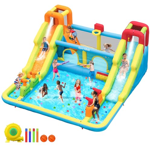 SportBob Hüpfburg mit Wasserrutsche und Gebläse, Hüpfburgen XXL Große mit 4 Wasserspritzkanonen, 2 Kletterwand, Basketballkorb, Springen, Planschbecken für Kinder Outdoor Indoor, 452x416x210cm von SportBob