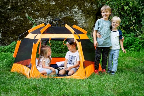 SportFit Hexagonium Pop-Up-Kinderzelt, Orange-Schwarz, mit Sichtfenstern und Netzstoffeinsätzen von SportFit