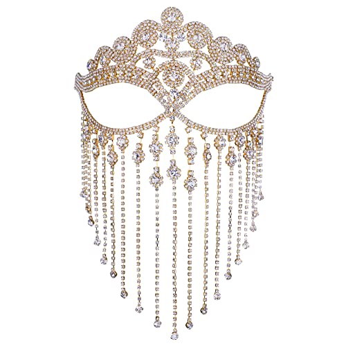 Sprfragrance Maskerade Maske für Frauen Cosplay Schleier Kopfbedeckung Maske Kette Kostüm Kristall Kopf Rave-Outfit indischer Schmuck (S-Gold) von Sprfragrance