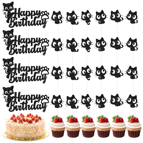 Sprießen 28 Stück Kätzchen Cake Topper Schwarz,Katze Cupcake Topper,Black Sparkling Thema Kuchen Dekoration,Kuchen Dekorationen Zubehör,Für Katzenliebhaber Kätzchen Thema Babyparty Kinder Geburtstag von Sprießen