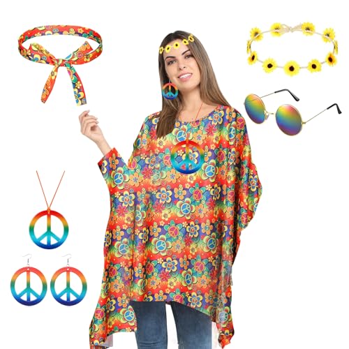 Sprießen 6 Stück Hippie Kleidung Damen Zubehör,70er Jahre Outfit Damen Kostüm,Boho Hippie Kostüm,Hippie Kostüm Set Mit Hippie Poncho,Stirnband,Frieden Zeichen Halskette Ohrringe,Hippie Sonnenbrillen von Sprießen