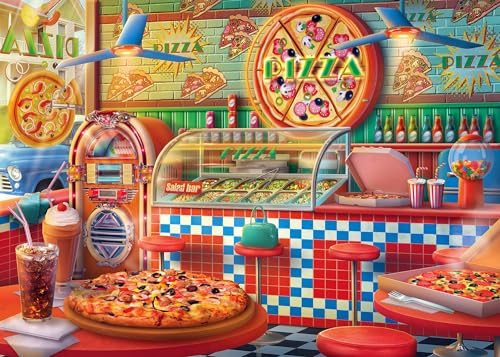 Springbok 's Pizza Shop Puzzle mit 1000 Teilen für Erwachsene ist ein nostalgischer und farbenfroher Blick auf Pizzasalons aus der Vergangenheit, hergestellt in den USA von Springbok