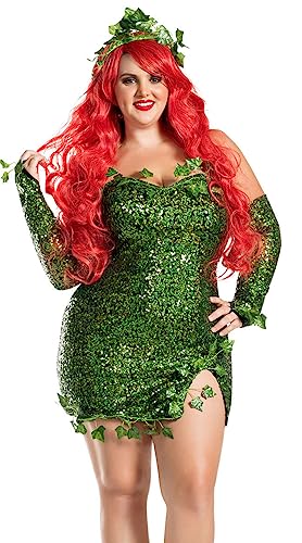 Damen Deluxe Grünes Efeu Halloween Cospaly Kostüm trägerloses Schlauchkleid figurbetontes Kleid gefälschte Blätter Pailletten Kleid mit Handschuhen + Kopfbedeckung Set (A-Grün, XXL) von Springcmy