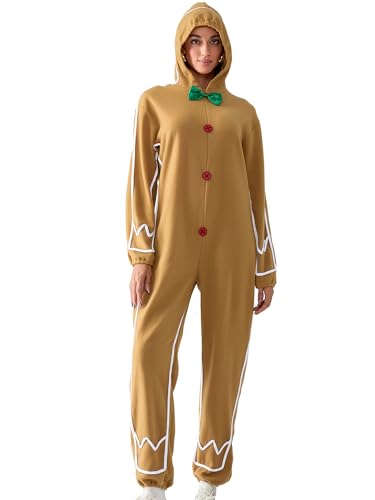 Lebkuchen-Kostüme für Damen und Herren, Halloween, Weihnachten, Pyjama, mit Kapuze, Reißverschluss, Pyjama, Overall, Rollenspiel, Cosplay, Nachtwäsche (B-Ginger Damen, S) von Springcmy