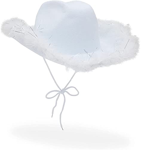 Springcmy Cowboyhut für Damen, Filz, flauschiger Federbesatz, Cowgirl-Hut, breite Krempe, Kostümparty, Holloween, Cowgirl-Hut, Kostüme, B-Weiß-Silber, Einheitsgröße von Springcmy