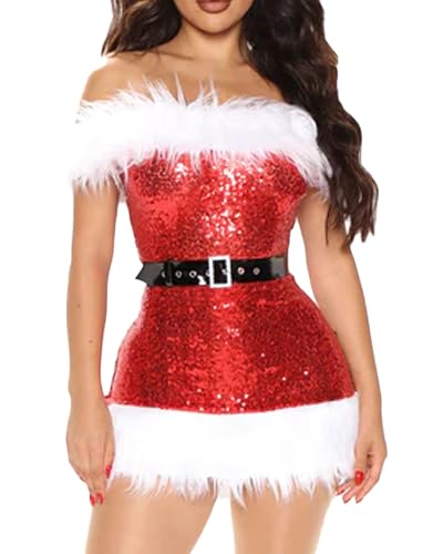 Springcmy Damen-Kostüm, Weihnachtsmann-Kostüm, Samt, mit Kapuze, Cosplay-Partykleid, S-rotes Trägerloses Kleid+hut von Springcmy