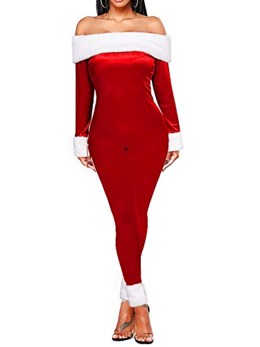 Springcmy Damen Weihnachtsmann-Kostüm mit Kapuze, Samt, Cosplay-Kleid Gr. 38, Roter Overall von Springcmy