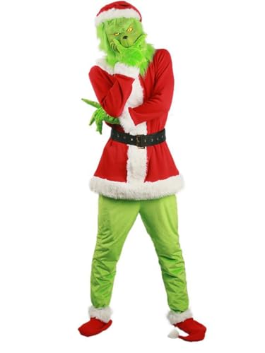 Springcmy Grinch Kostüm für Erwachsene, Grün, 7-teiliges Kostüm-Set mit Maske, Halloween, Weihnachten, lustiges Cosplay-Kostüm, Requisiten, Party-Outfit XL von Springcmy