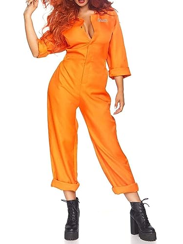 Springcmy Oranger Gefängnis-Overall für Erwachsene, langärmelig, Rollenspiel, Party, Cosplay, Halloween, Jailbird, Insassin, Spielanzug (Orange (Damen), Größe XXL von Springcmy