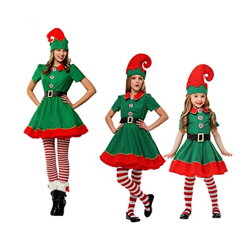 Springcmy Weihnachtselfenkostüm für Damen und Herren, Kinder, kurzärmelig, Weihnachtsmannkleid + Hose, Beinwärmer, Hut + Gürtel, Weihnachts-Kostüm (Damen, A-grünes Elfenkostüm, Größe L) von Springcmy