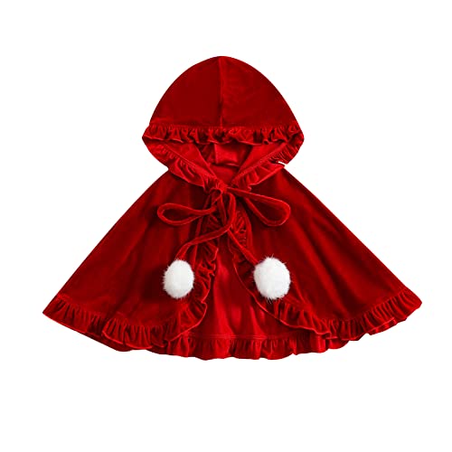 Springcmy Weihnachtsumhang für Kleinkinder, Babys, Mädchen, Samt, mit Kapuze, Rüschen, Poncho, roter Umhang, Pompon, Cosplay, Weihnachtskostüm (A-Red, 2-3T) von Springcmy