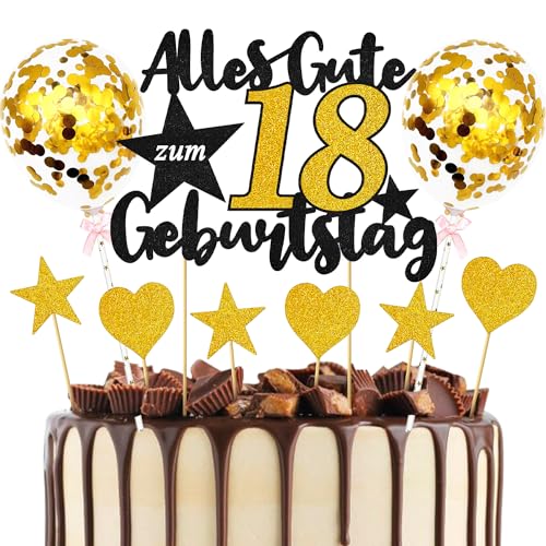 18th Geburtstag Tortendeko Gold Schwarz, Kuchen Deko Geburtstag 18 Jahre, Torten Deko 18 Geburtstag, Alles Gute Zum Geburtstag Torte 18, Mit 2 Kleinen Goldenen Luftballons, 3 Herzen, 3 Sternen von Sprinlot