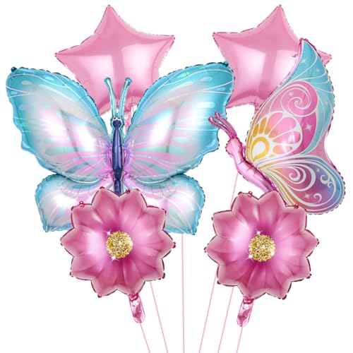 6 Stück Schmetterling Folienballon, XXL Bunt Schmetterlinge Themenballon, süße Blumen Helium Ballon, Blumen Stern Rosa Luftballons für Mädchen Kinder Geburtstag Jubiläum Motto Party von Sprinlot